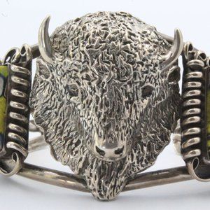 Rare! Gary Edwards Navajo Sterling Silver Trade Beads Buffalo Head Cuff Bracelet